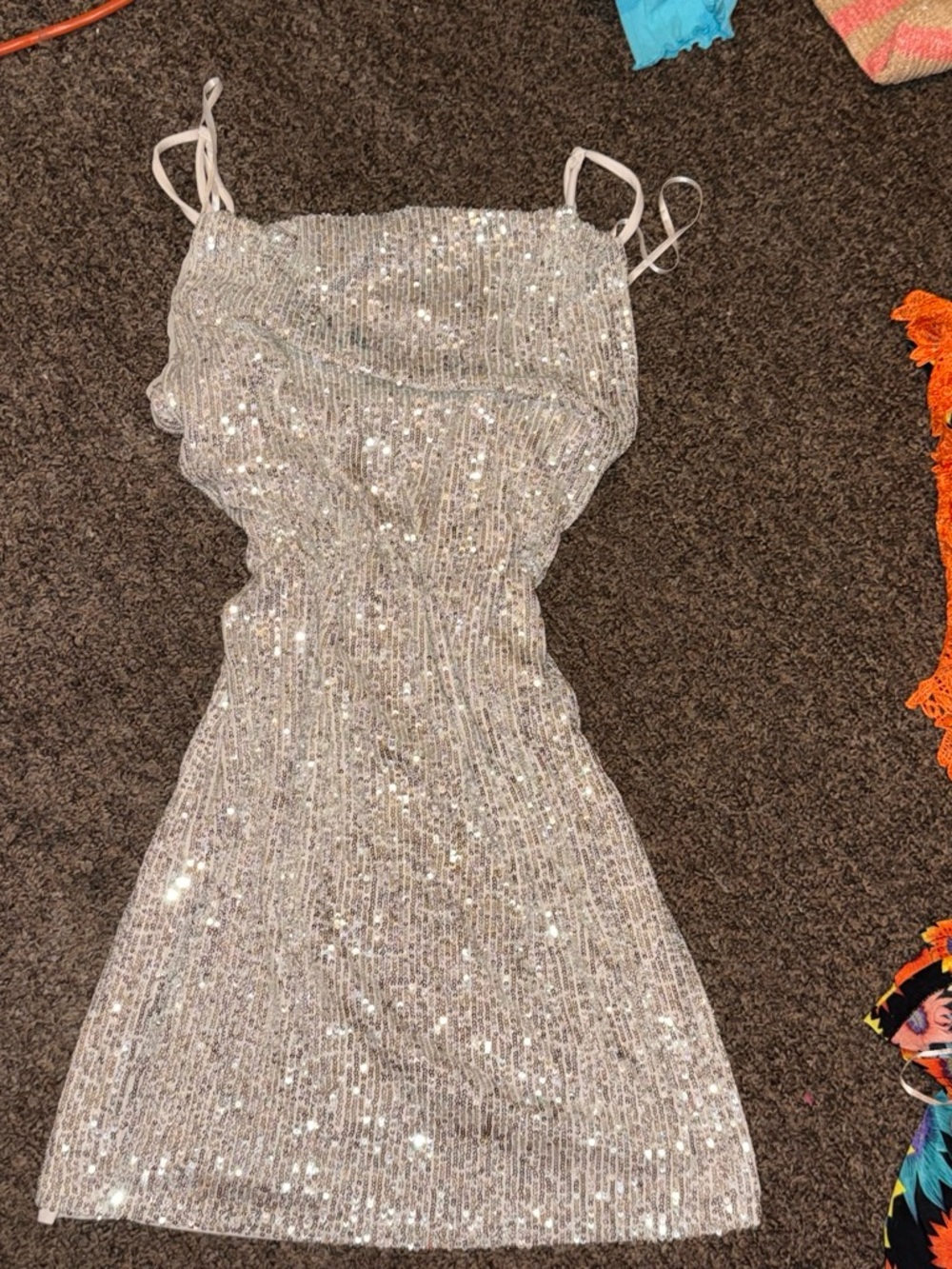 bebe Silver Sequin Spaghetti Strap Mini Dress